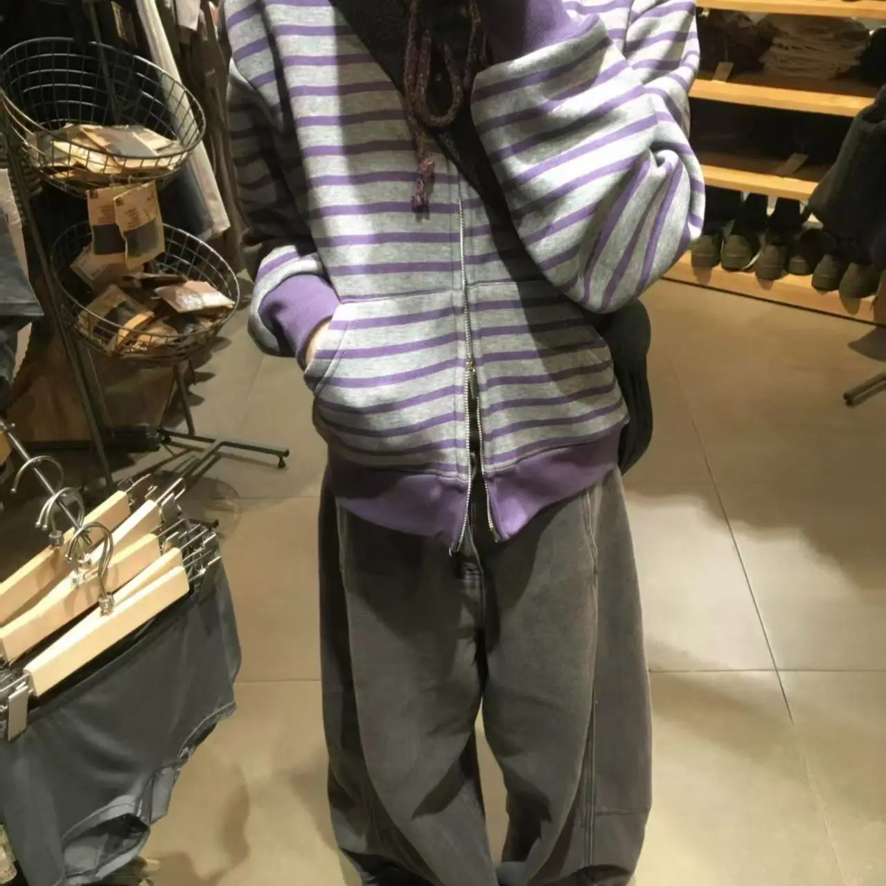 Purple Striped Stand-up Collar Drawstring Sweater Women's 2026 Spring New Retro Versatile Loose Casual Zipper Jacket