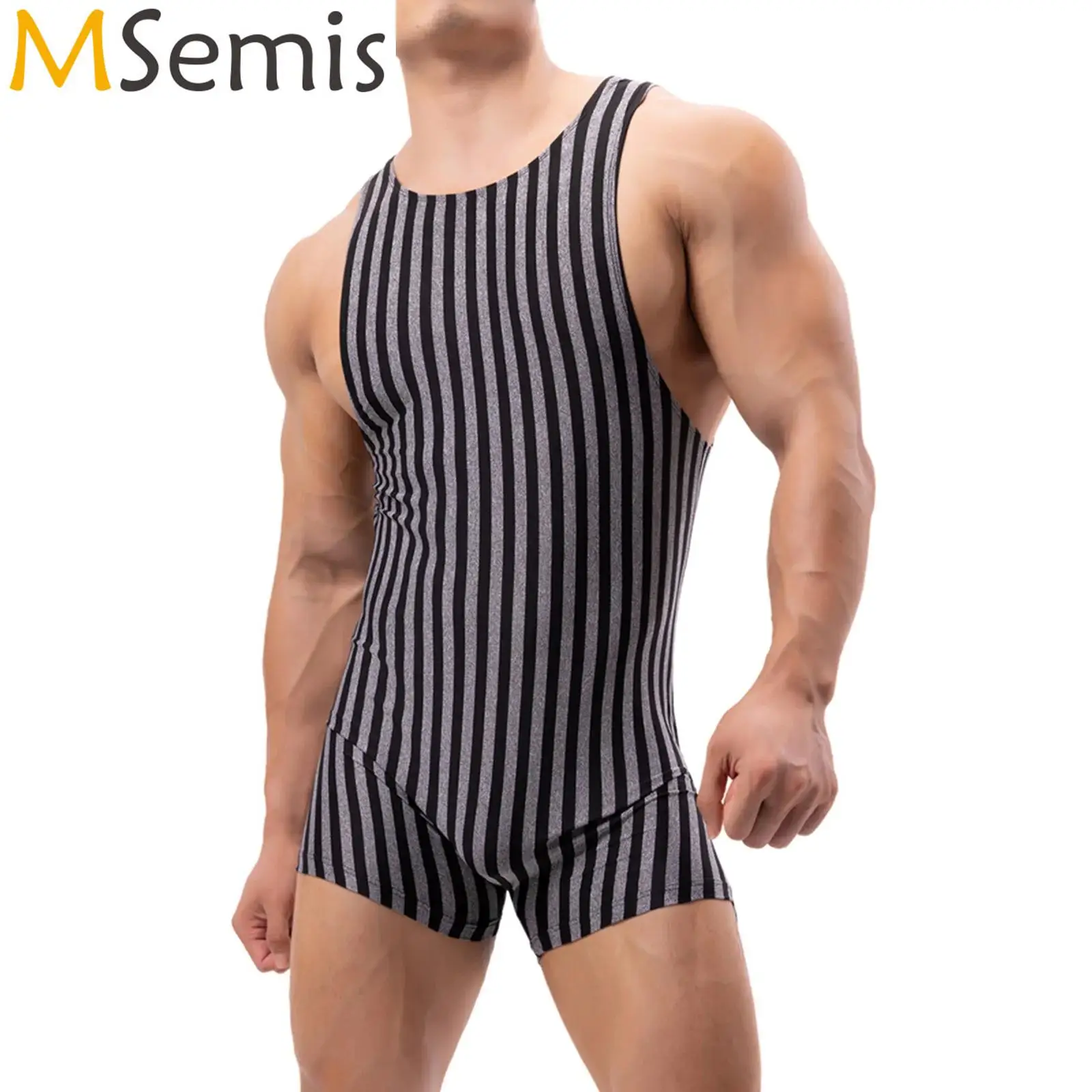 Mens Striped Wrestling Singlet Bodysuit Weight Lifting U Neck Sleeveless Gymnastics Leotard Gym Fitness Athletic Jumpsuit