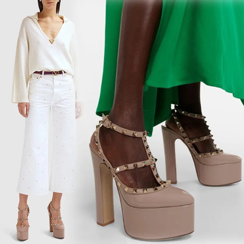 

Сандалии на платформе с полыми заклепками и пряжкой, женская обувь на высоком каблуке из лакированной кожи с пряжкой и ремешком большого размера