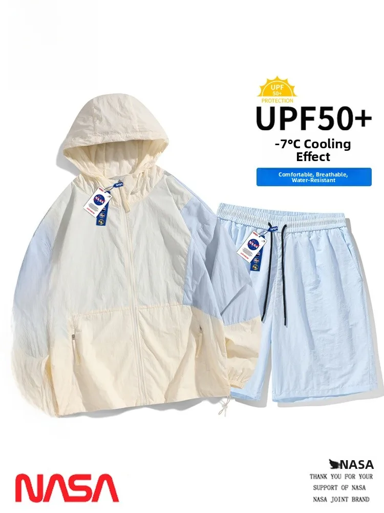 

ex Summer Casual Sport Ice Silk Sun Protection Suit ort Pants Two-Piece Set Long Sve Jaet Five-Quarter Nylon Fiber