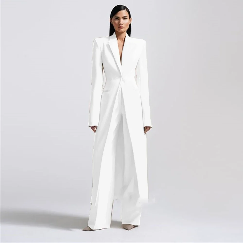 Wysokiej klasy zestawy spodni damskich Office Lady Formal Slim Fit 2-częściowy modny długi płaszcz z klapami w szpic i jednym guzikiem w jednolitym