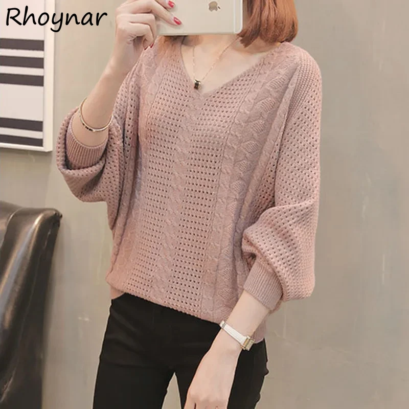 

5 Colors Pullovers Women V-neck Hollow Out Sweaters Baggy Batwing Sleeve Knitwear Elegant OL Korean Style Solid Jumpers Females