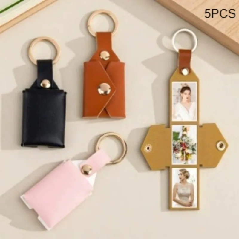 5Pcs Photo Keychain PU Leather Case Creative DIY Photo Keychain Portable Commemorative Album Folder