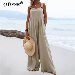 2023 Summer Vintage Holiday Beach Sleeveless Button Strap Wide Leg Overalls Jumpsuit Casual Solid Loose Pockets Rompers Outfits