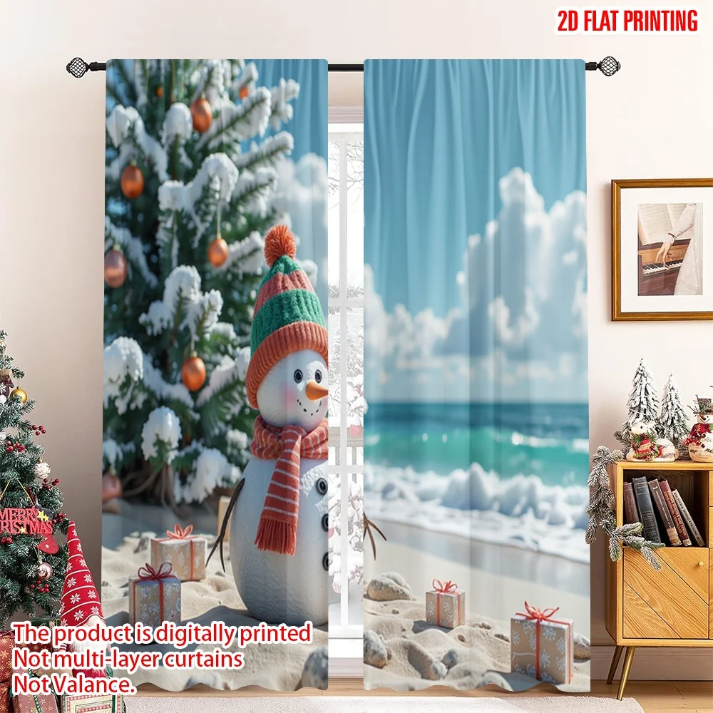 

2pcs 2D flat printing Merry Christmas Popular Window Curtains Snowman Christmas Beach Tropical Holiday 100% Polyester Fabric