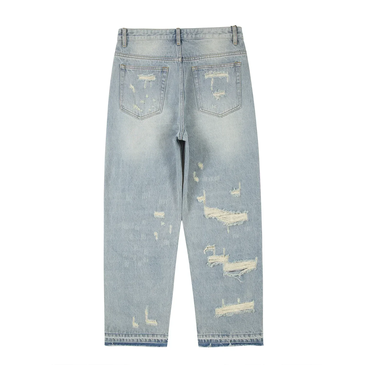 Gewassen Blauwe Oversized Gescheurde Jeans Voor Heren Streetwear Hiphop Grote Vernielde Wijde Pijpen Baggy Rechte Gescheurde Spijkerbroek