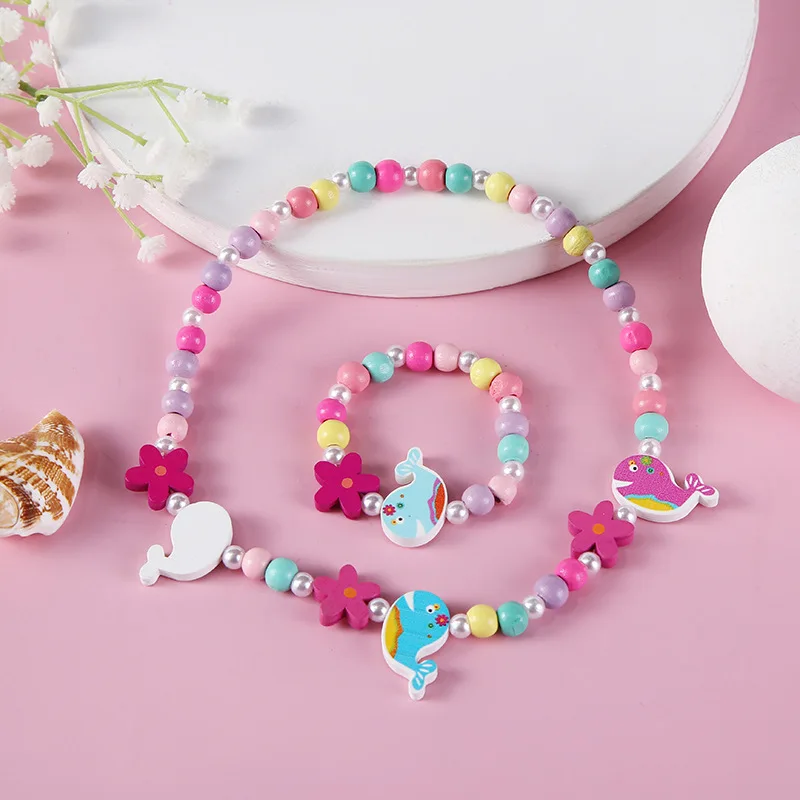 Fashion Necklace Bracelet Sets Natural Wood Beads Cute Cartoon Pattern For Jewelry Girl Birthday Gift Jewelry Sets