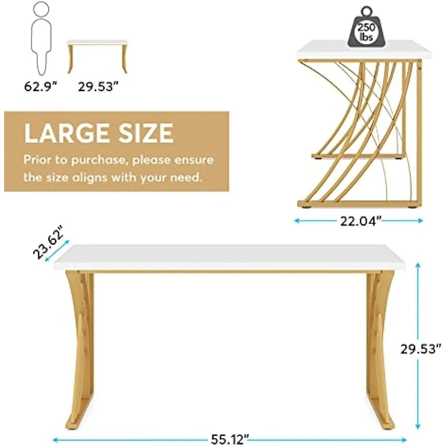 55’’ Large Modern Computer Desk, White & Gold Luxury Laptop PC Student Table, Sturdy Writing Workstation for Home & Office