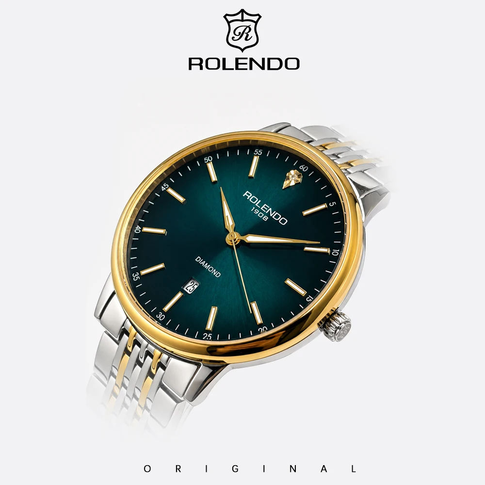 ROLENDO 1908 Men Luxury Machine Watch Green Gradient Diamond Mark Business Waterproof Luminous Male Wristwatch Gift Reloj Hombre