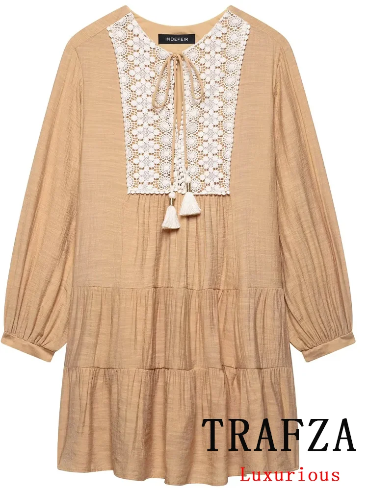 

TRAFZA Sexy Casual Chic Women Dress Solid Embroidery Long Sleeve O-Neck Mini Dress New Fashion 2025 Spring Summer Female Dress