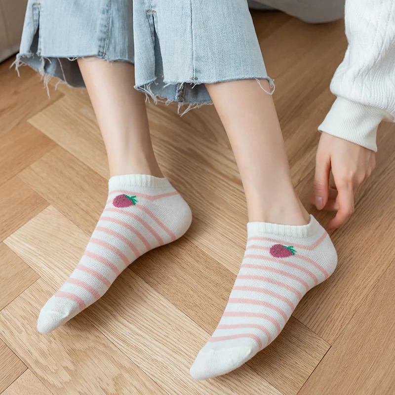 5 par casualowych bawełnianych skarpet damskich wiosna/jesień różowe truskawkowe damskie skarpety śliczne studenckie japońskie koreańskie krótkie skarpetki do kostki — zdjęcie 3