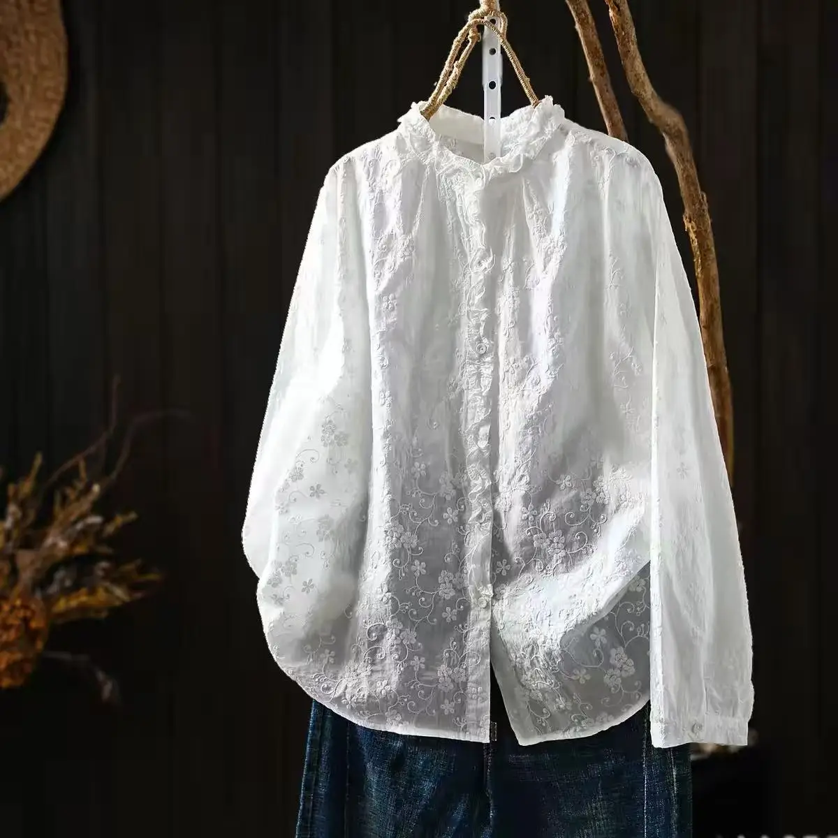 100% Cotton Vintage Floral Embroidered Shirt for Women Japanese Style Ruffle Frill Stand Collar Long Sleeve White Blouse