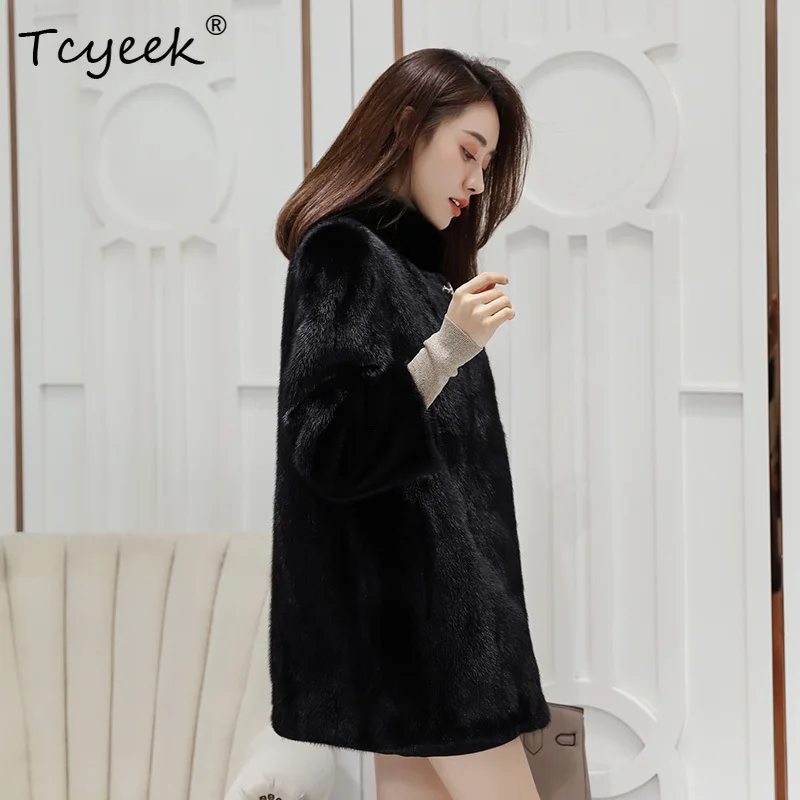 Tcyeek Autumn Winter High End Korean Version Full Mink Stand Up Collar Black Medium Length Women's Mink Fur Coat Fourrures Femme