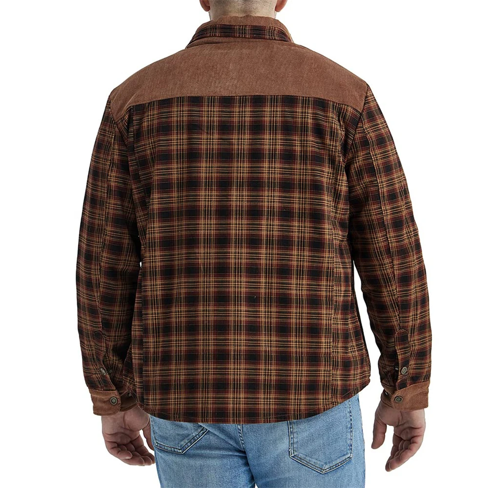 Men's Cargo Work Jacket Long Sleeve Sherpa Lined Shirt Jacket Flannel Plaid Cotton Coats Winter Trucker Jackets Snap Button Tops