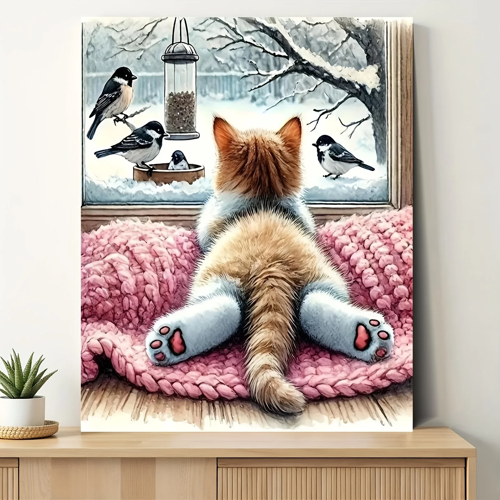 [ Flat Frameless][professional Art Use]1 Piece Digital Oil Painting Set, Beginner Level Kit, Cute Cat Bird Watching Decorat