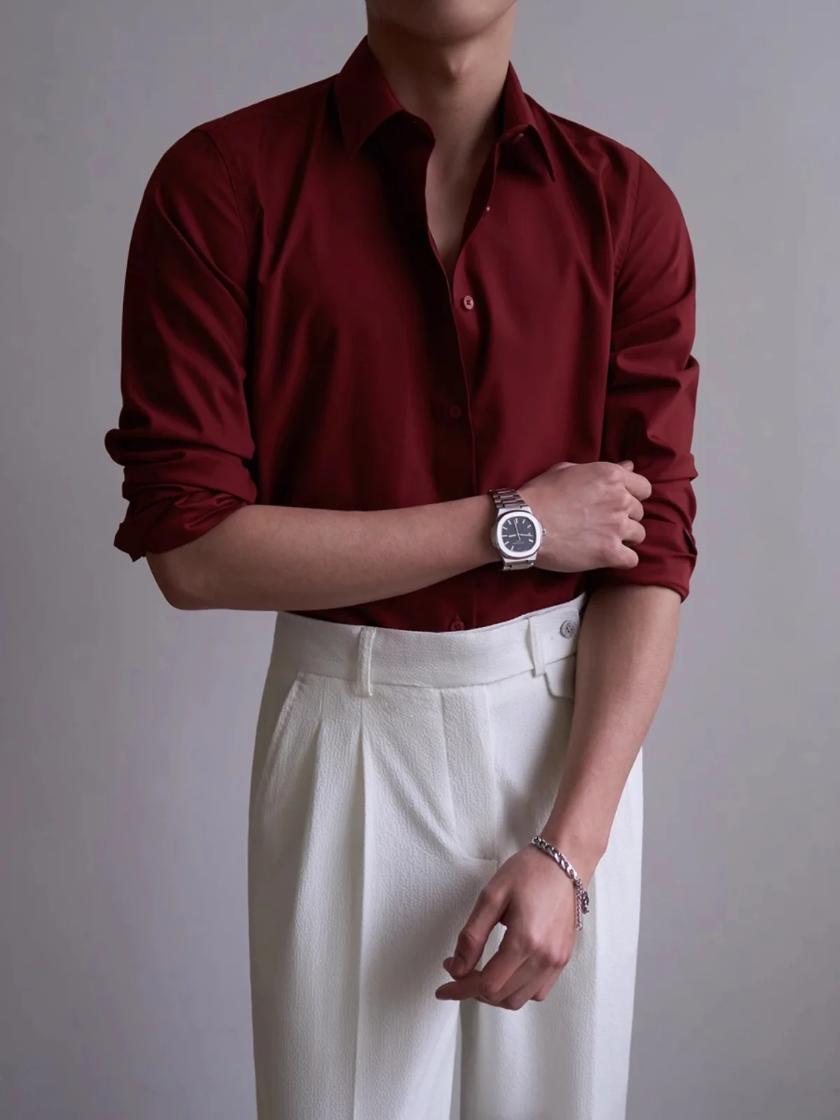

Ele Wine Red Long Sve Busin irt Smooth Dra Wedding Banquet Gentleman Cool Sle Men's Faion Casual irt