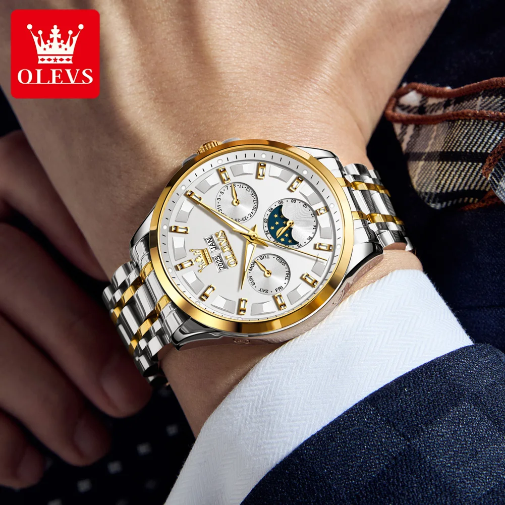OLEVS 7070 Man Automatic Watch Calendar Mechanical Watch For Men Stainless Steel 30M Waterproof Moon Phase Luxury Wristwatch