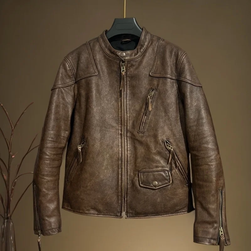 

Retro Sle Leather Jaet Motorcycle Riding Faion Outerwear Top Layer Cowhide ort Length Zipper Closure Casual Coat