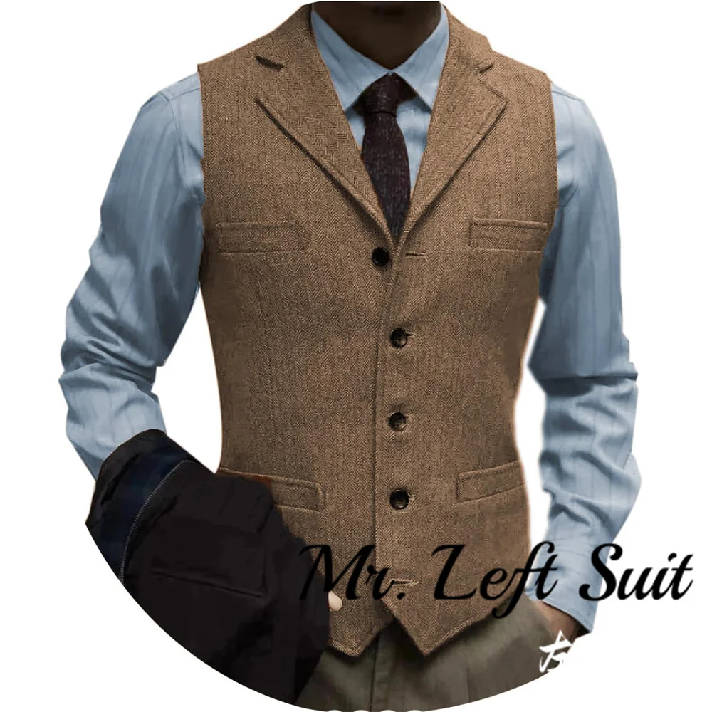 Men's Tweed Suit Vintage Vest Herringbone Wool Prom Waistcoat Groomsmen