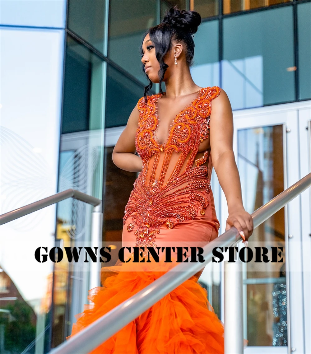 New In Orange Split Ruched Train Prom Dresses Diamond Crystal Black Girl Pageant Birthday Dress Evening Formal Dress Customized