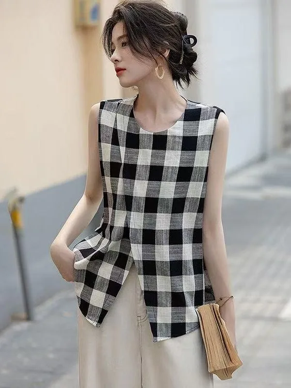 Csa Sem Mangas de Linho Retro com Estampa Xadrez para o Verão, Nova Chegada da Marca de Moda Fena, Ajuste Regular