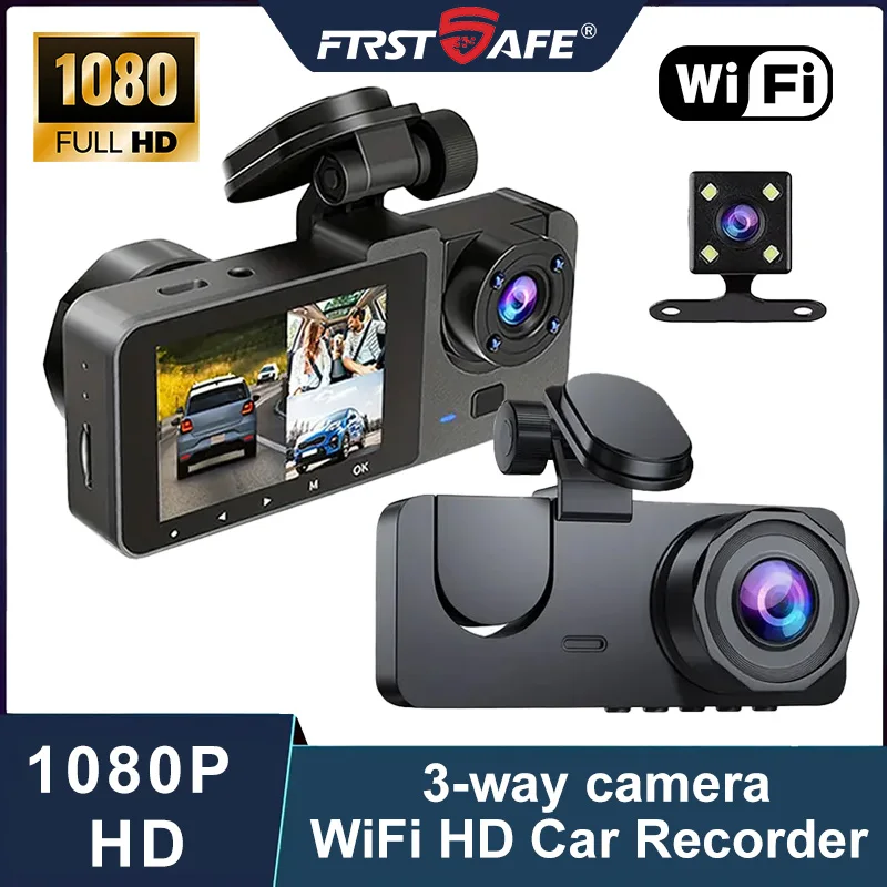 1080P HD 3-Way WiFi Dash Cam – Front, Inside & Rear Camera with Night Vision, Loop Recording for Car Safety