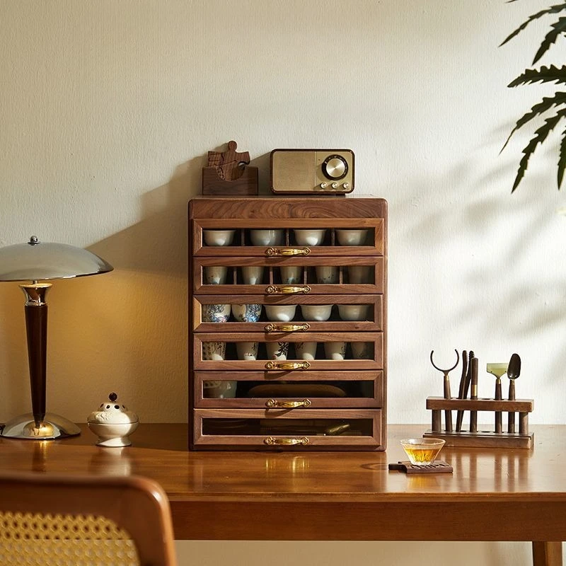 Black walnut solid wood dental cabinet desktop storage cabinet Wenwan tea set teacup