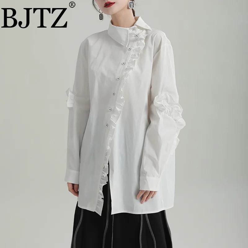 

BJTZ 2025 Spring New Ruffled Long Sleeve Shirt Woman's Modified Chinese Style Asymmetric Collar Mid-Length Blouse For Women