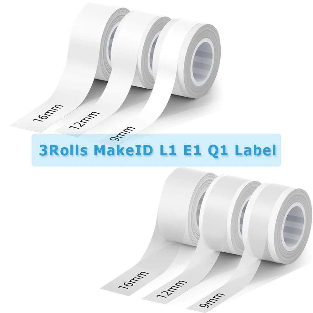 3Roll White/Transparent 9mm 12mm 16mm for MakeID L1 E1 Q1 Label Maker Tape 4meters/Roll Laminated Office Sticker