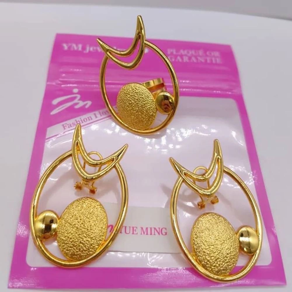 Elliptic Jewelry Sets for Women Round Beads Earrings with Ring Gold Color Adjustable Ring African Dubai Weeding Jewellery Gifts