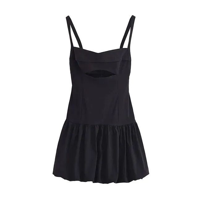 New Summer Fashion Women Mini Black Sleeveless Backless Hollow Out Decorate Zipper Female Sexy Pleated Dresses