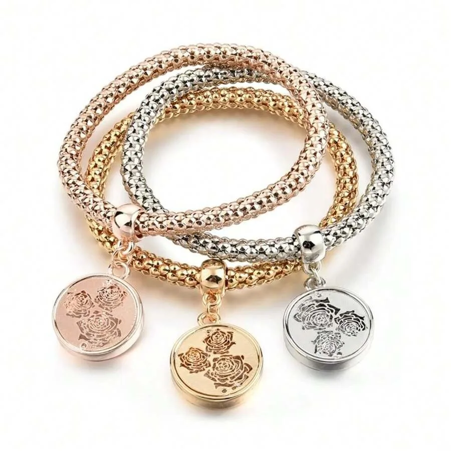

Crystal Charms Multilayer Bracelets - 3PCS Gold/Silver/Rose Gold Corn Chain Bracelet For Women, Tree Of Life Heart Shaped Stret