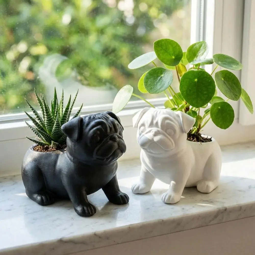 3D Printed Pug Shaped Planter Pot Funny Plastic Dog Succulent Planter Handmade Minimalist Storage Flower Pot Desktop Display