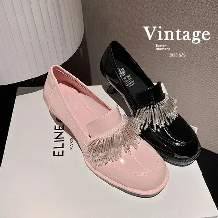 

Genuine Leather Rhinestone Buckle with Thick Heels, Mary Jane Shoes, New Wedding Shoes 2024, Women's Head and Middle Heel Shoes