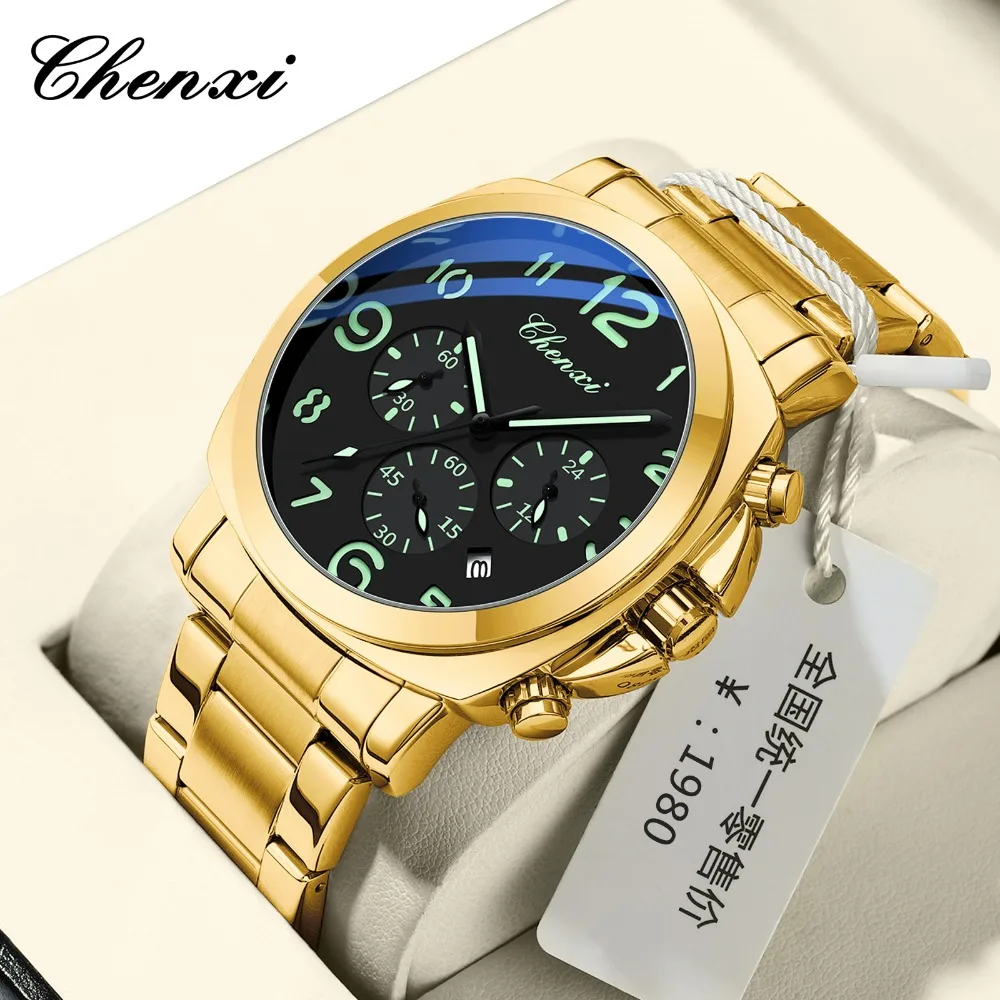 

CHENXI 954 модные кварцевые мужские часы, многофункциональный хронограф с календарем, водонепроницаемые часы со светящейся стальной полосой для мужчин