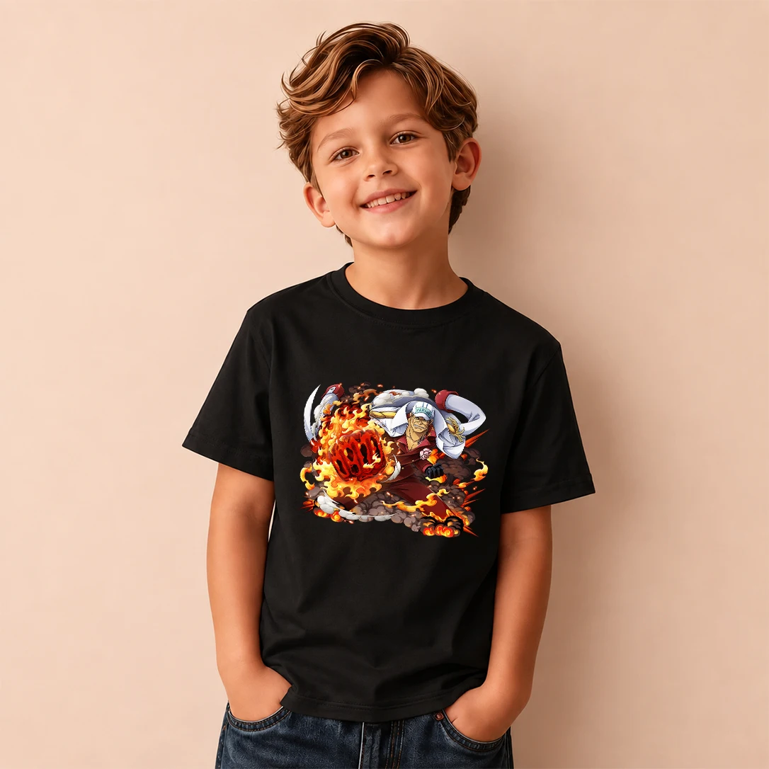 Kids T‑Shirt One Piece Akainu Lava Skill Battle Print Short Sleeve Casual Tops Boys Girls Children Daily Wear Tees
