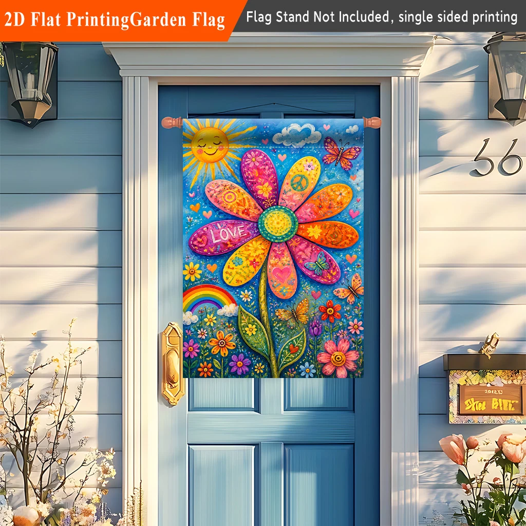 1pc Boho Hippie Floral Peace Love Garden Flag Colorful Sun Rainbow Butterfly Yard Flag For Outdoor Patio Lawn Decor Single Sided