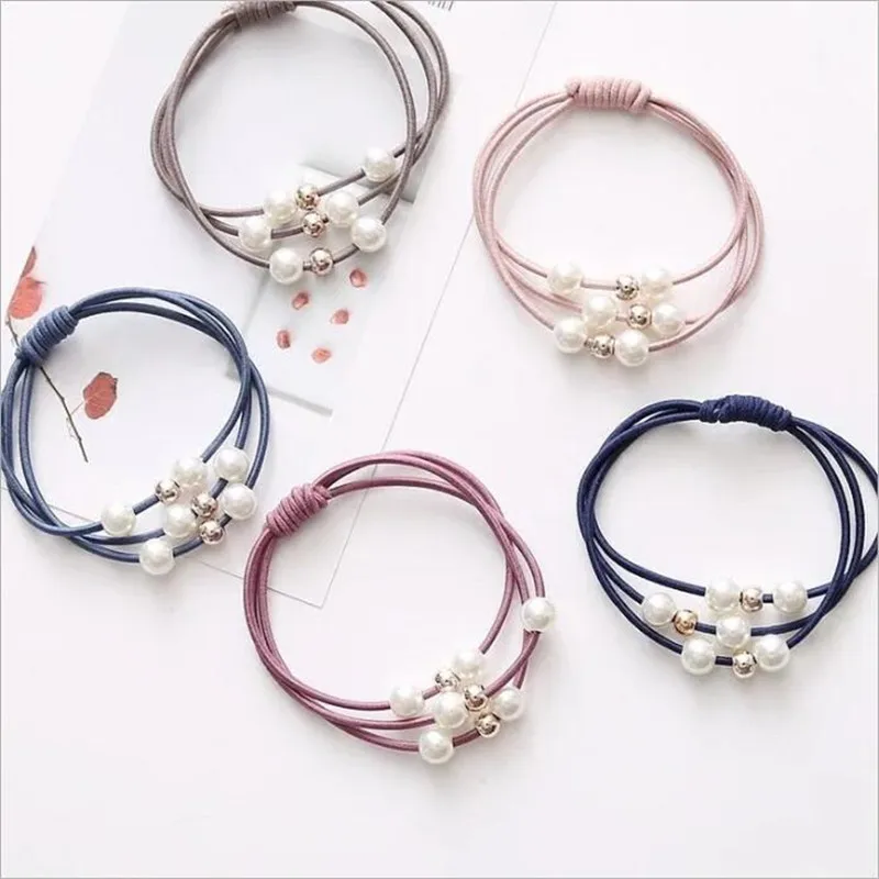 10Pcs/Lot Women Hair Accessories Pearl Elastic Hair Bands Flower Headdress 3in1 Rubber Band Cute Scrunchies Hair Bands For Girls