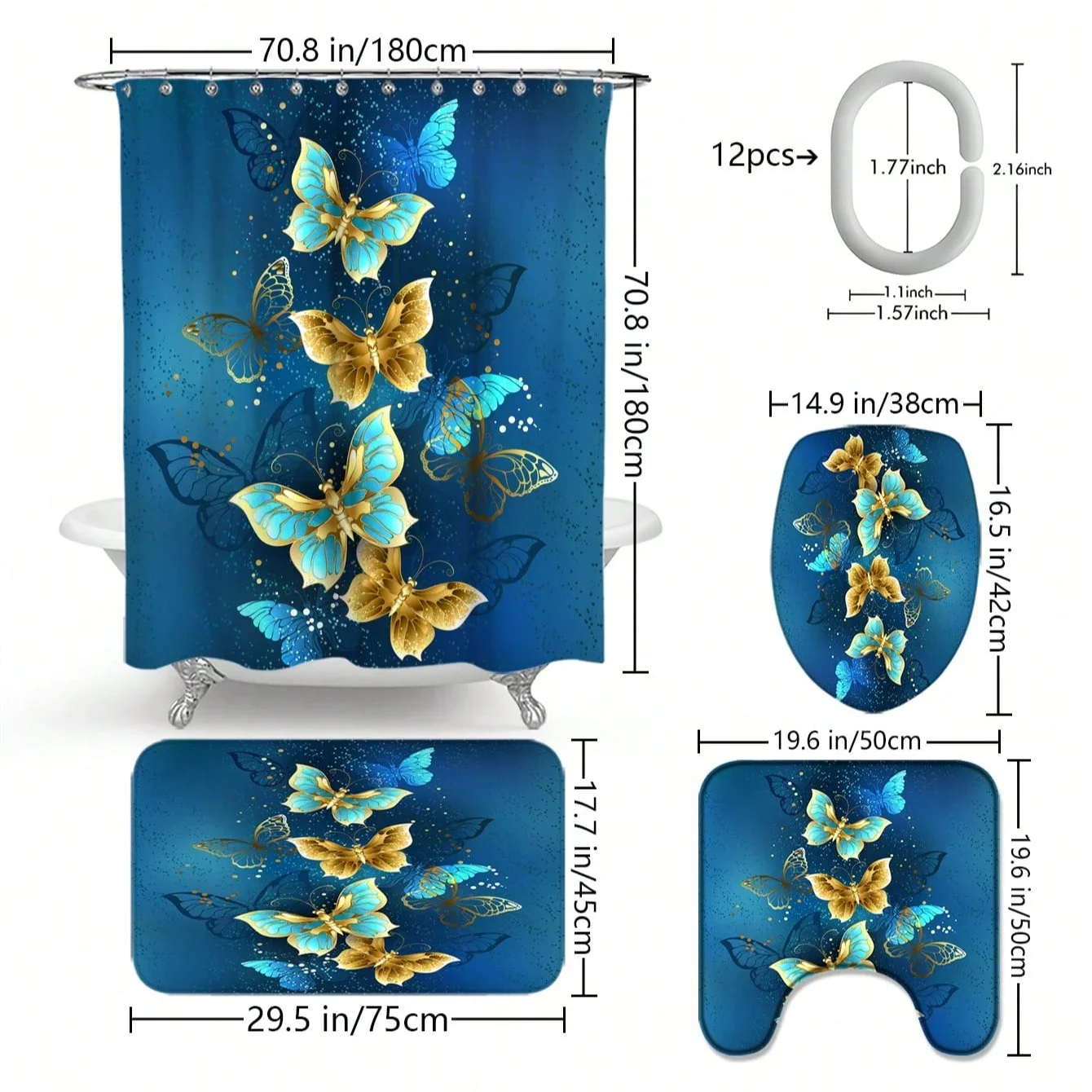 

4pcs Modern style printing Shower Curtain Set With 12 Hooks, Anti-Slip Bathroom Mat, U-Shaped Toilet Rug, Bathroom Curtain Set