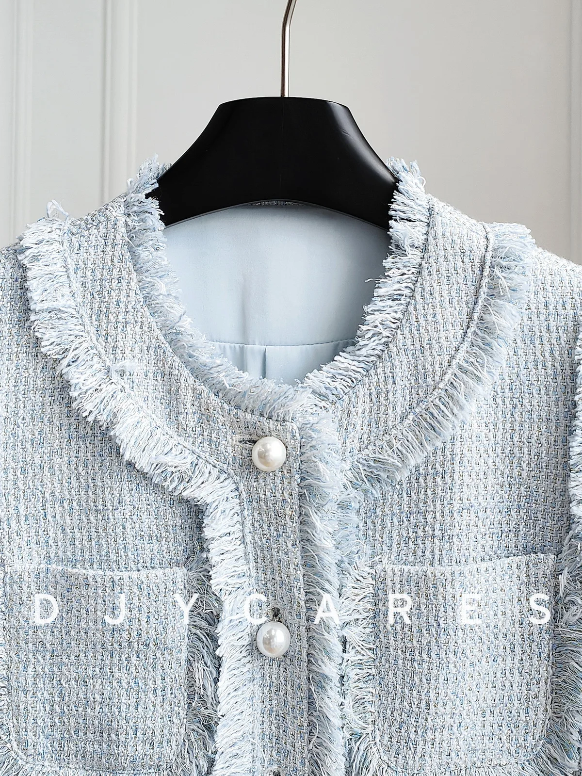 New  Coarse tweed high-end tassel light blue jacket versatile top big  size