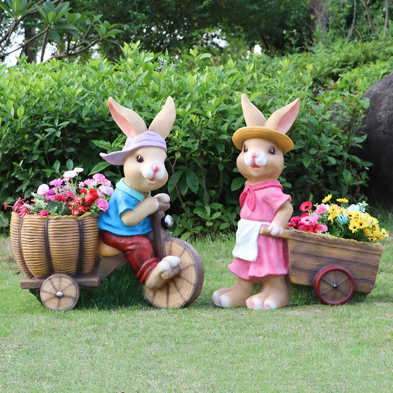 Cartoon Rabbit Flower Planter Statue Fiberglass Creative Outdoor Sculpture for Garden Yard Villa Patio Lawn Landscape Decor