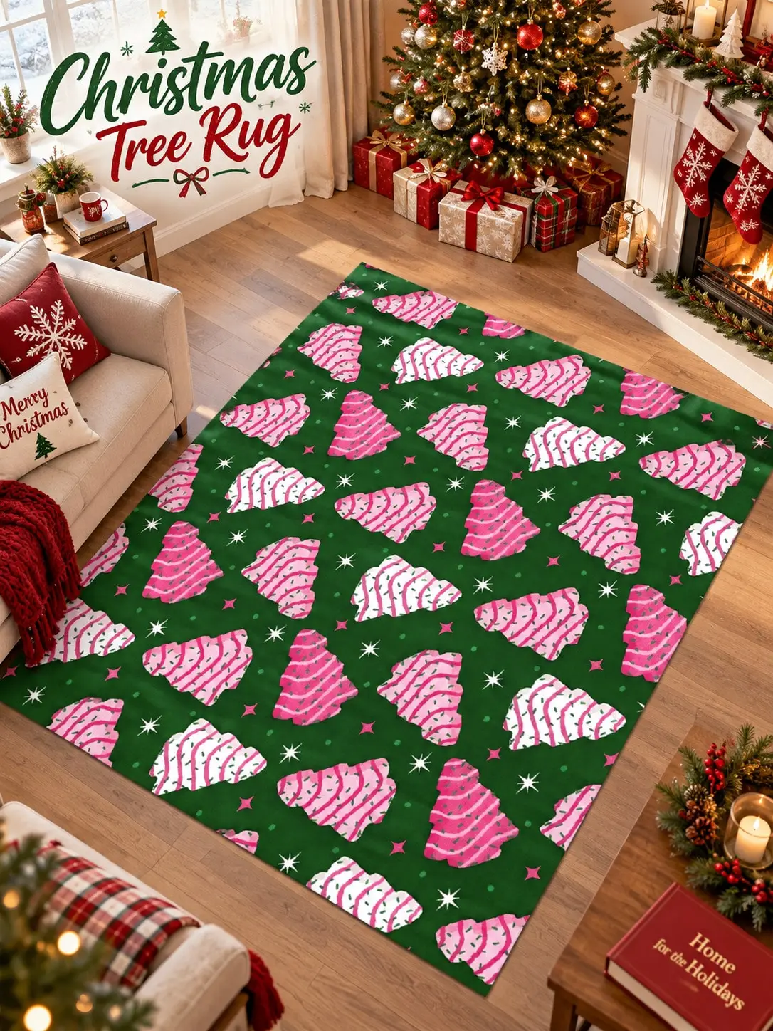 Christmas Rug Tree Stripes Stars Floor Decor Carpet Living Room Bedroom Dining Area Entryway Apartment Cottage Winter Home Styling Beside Sofa Reading Chair Housewarming Birthday Gift for Sisters Friends Neighbors Homeowners Holiday Family Gatherings