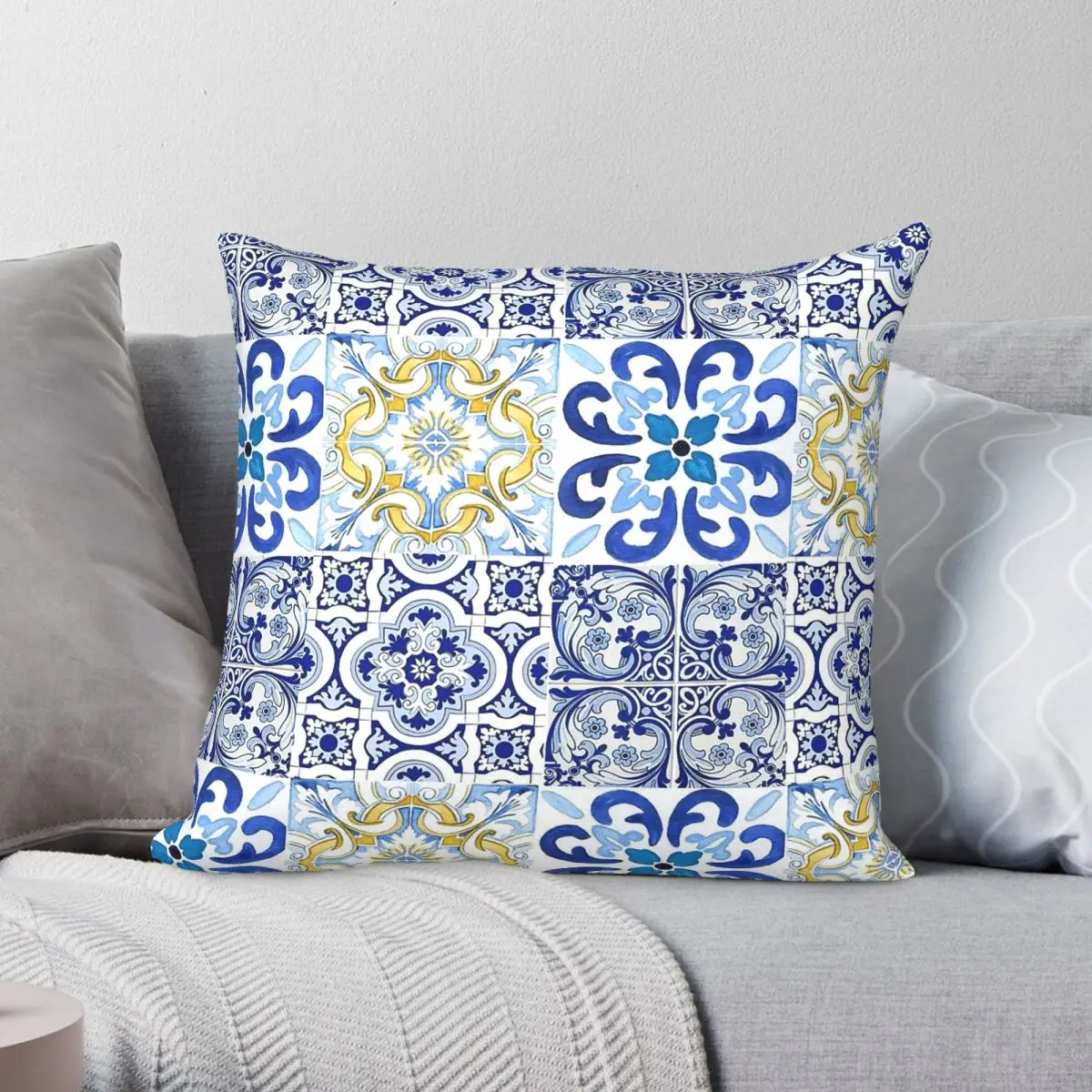 Sicilian Tile Mosaic Lemons Pillowcase Polyester Linen Velvet Creative Zip Decor Room Cushion Cover Wholesale