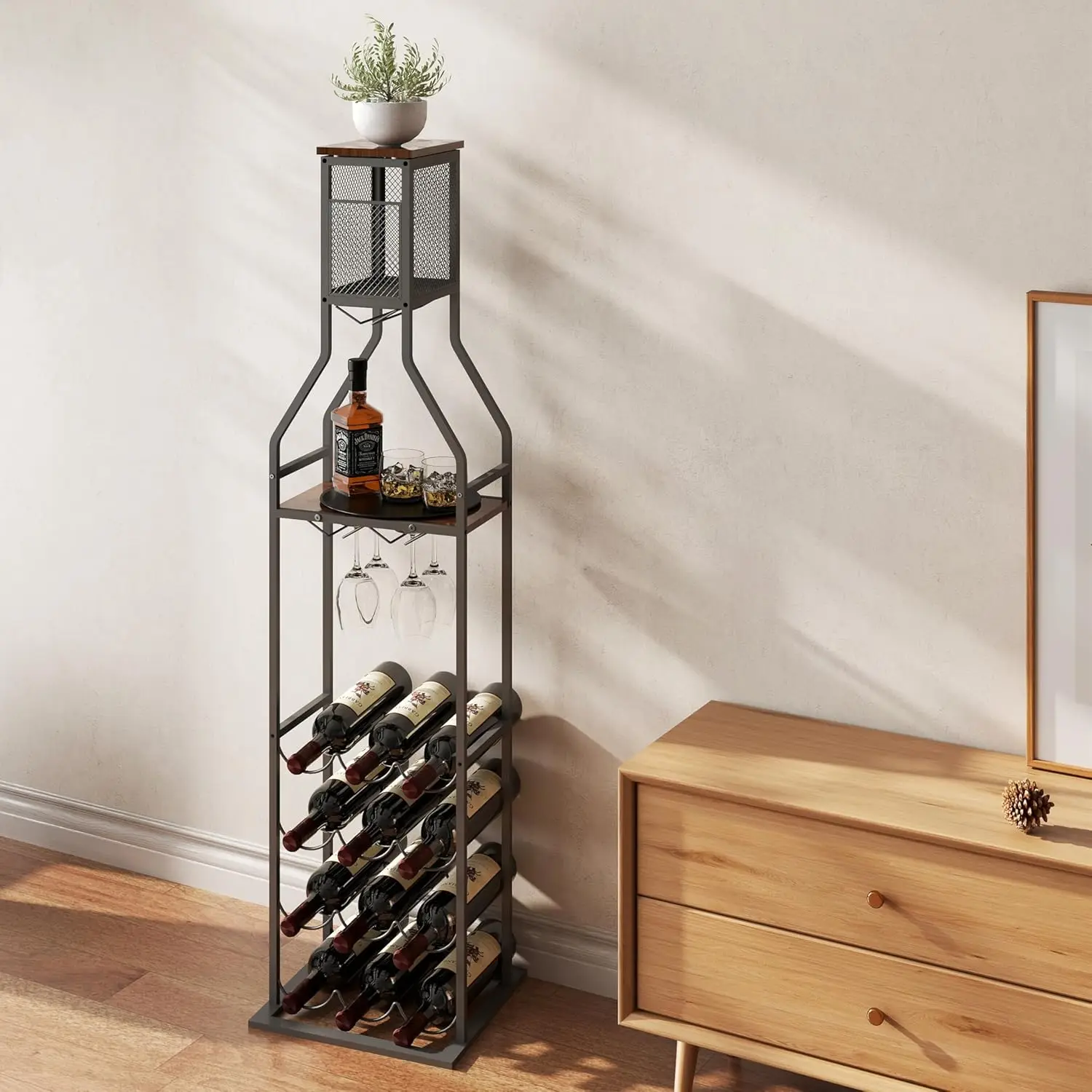 

Freestanding Floor Wine Rack,Industrial Bla Metal Wooden Corner Wine Bar For Home,Portable Mini Home Bar Wine Ra With Storage