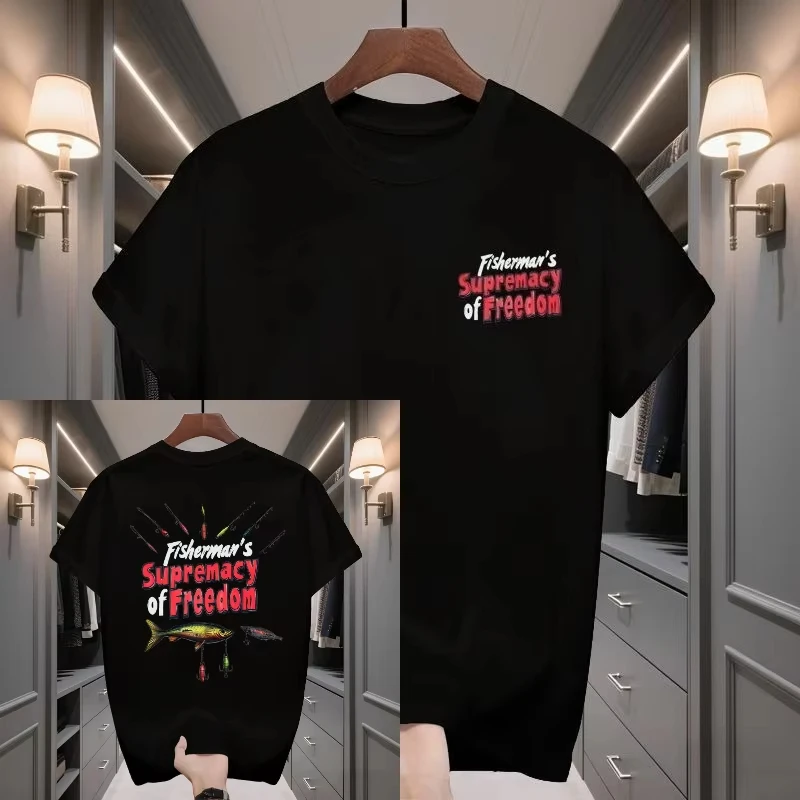 pescadores-supremacy-of-freedom-branco-preto-camiseta-vara-de-pesca-isca-de-peixe-impressao-com-texto-multicolorido-unissex-algodao-streetwear