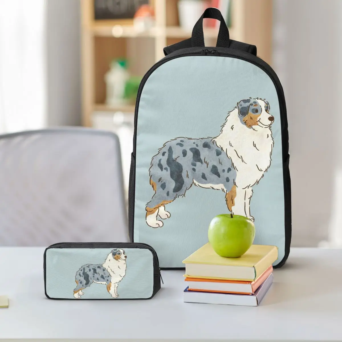 Australian Shepherd Aussie Dog Backpack Boys Girls BookBag School Bag Shoulder Bags 3ps Insulated Lunch Bag Pencil Case