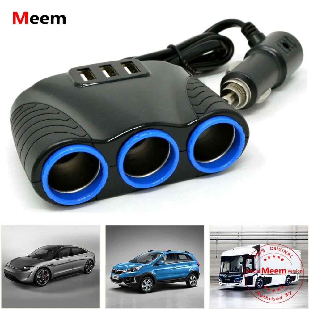 

Cigarette Lighter Socket 3 USB Charger Splitter 12V Outlet Power Adapter Car