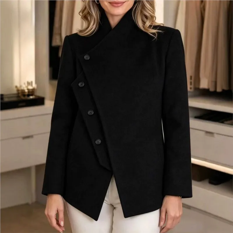 2026 New Women's Autumn And Winter Jacket With Beveled Edge Buckle Solid Color Temperament Comfortable Fashion Versatile Jacket