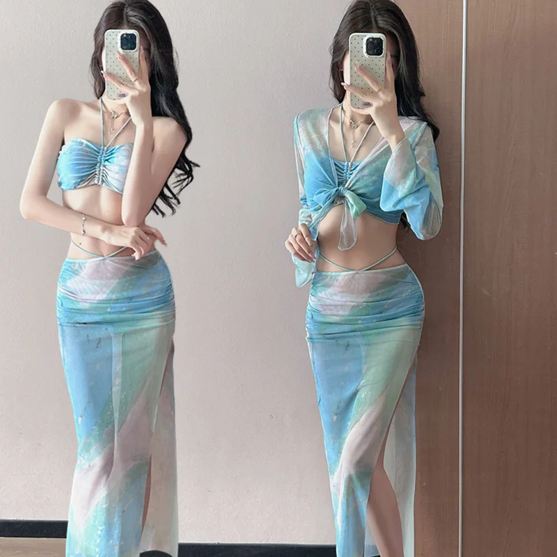 

Thailand vacation beach skirt bikini 4pcs 2025 new babes wind pure lust sexy bikini swimsuit