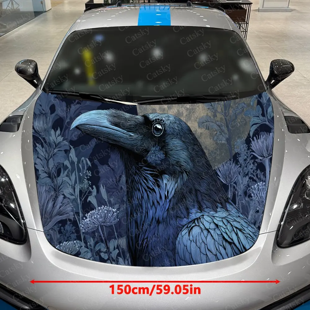 Car Decal Textural Raven, Blue Tones Floral Foliage & Mysterious Occult-Gothic Car Hood Sticker, Waterproof Self - Adhesive PVC